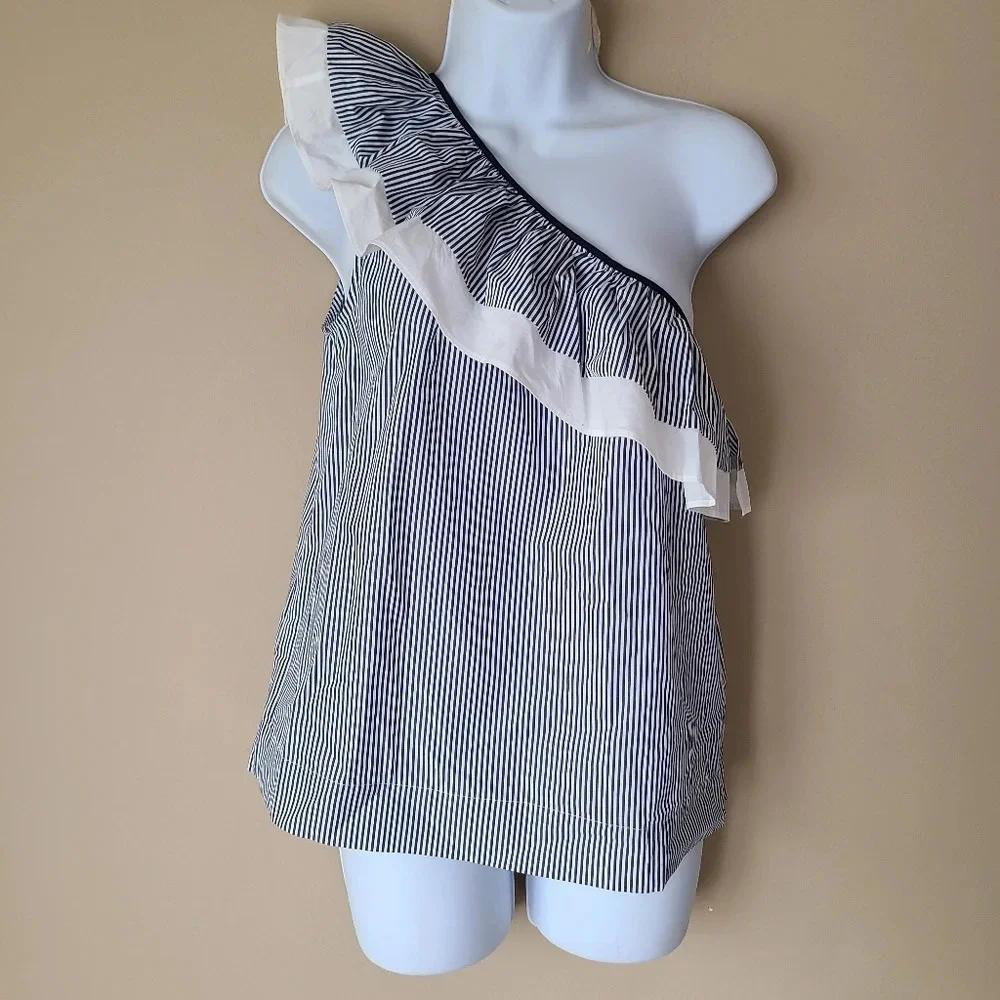 NWT J.Crew size 2 women's top ruffle one shoulder blue & white